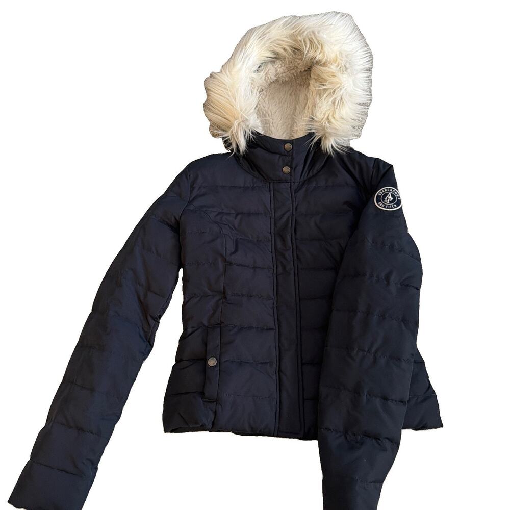 VTG Y2K Abercrombie & Fitch Navy Blue Fur Trim Lined Hood Quilt Puffer Coat Med
